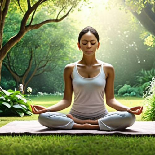 Home 15 ** A person meditating peacefully in a garden, surrounded by nature, representing mindfulness and mental peace.
**