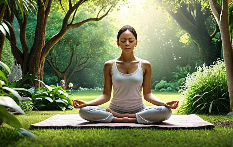 ** A person meditating peacefully in a garden, surrounded by nature, representing mindfulness and mental peace.
**