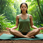 **A person meditating in a serene natural setting, surrounded by lush greenery. Focus on conveying inner peace, mindfulness and a sense of connecting with nature.**