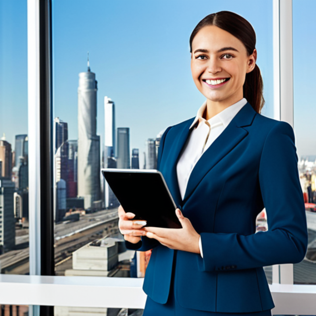 **

A confident businesswoman in a modest, tailored power suit, standing in a bright, modern office overlooking a city skyline. She is holding a tablet and smiling slightly.  Fully clothed, appropriate attire, professional setting, safe for work, perfect anatomy, natural proportions, professional photography, high quality.

**