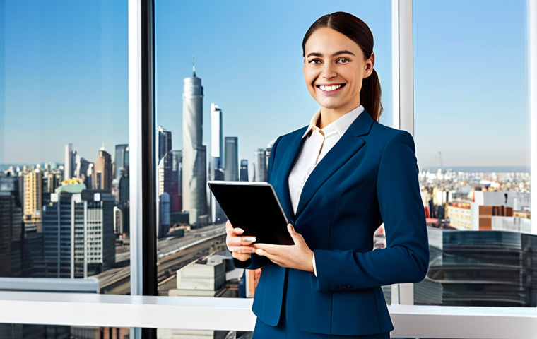 **

A confident businesswoman in a modest, tailored power suit, standing in a bright, modern office overlooking a city skyline. She is holding a tablet and smiling slightly.  Fully clothed, appropriate attire, professional setting, safe for work, perfect anatomy, natural proportions, professional photography, high quality.

**
