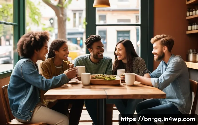 의식적 선택 훈련과 인간 관계 개선 - **Prompt:** A diverse group of friends, aged 20-30s, gathered around a small, rustic wooden table in...