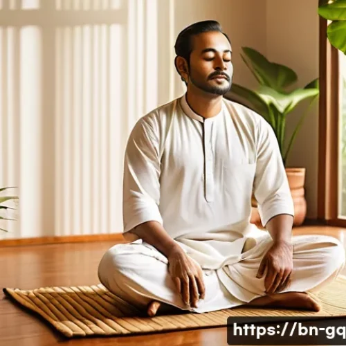 Home 11 의식적 선택 훈련 과정의 인증 프로그램 - A serene Bengali man sitting cross-legged on a traditional wooden floor mat inside a cozy, sunlit ro...