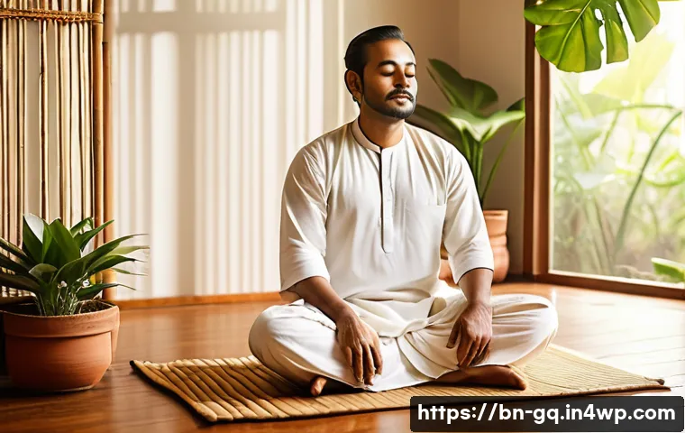 의식적 선택 훈련 과정의 인증 프로그램 - A serene Bengali man sitting cross-legged on a traditional wooden floor mat inside a cozy, sunlit ro...