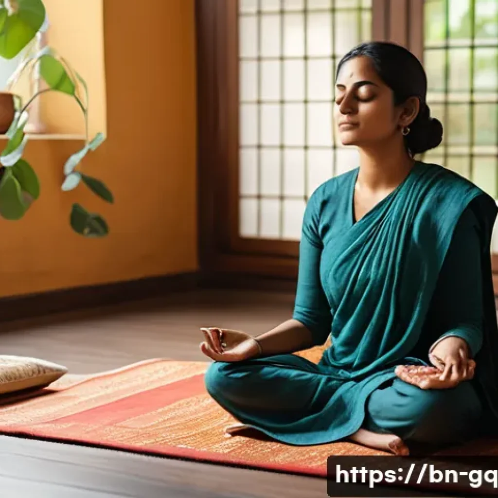 의식적 선택 훈련 과정 성공 사례 - A serene Bengali woman in her late 20s practicing mindful meditation in a cozy, sunlit room with tra...