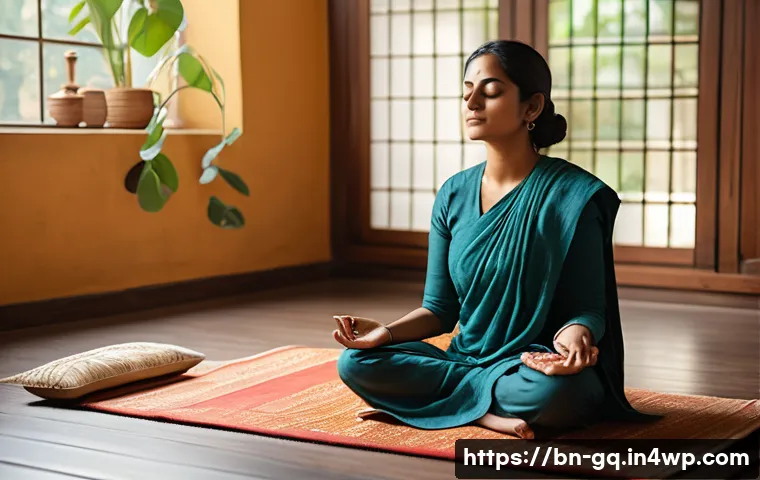 의식적 선택 훈련 과정 성공 사례 - A serene Bengali woman in her late 20s practicing mindful meditation in a cozy, sunlit room with tra...