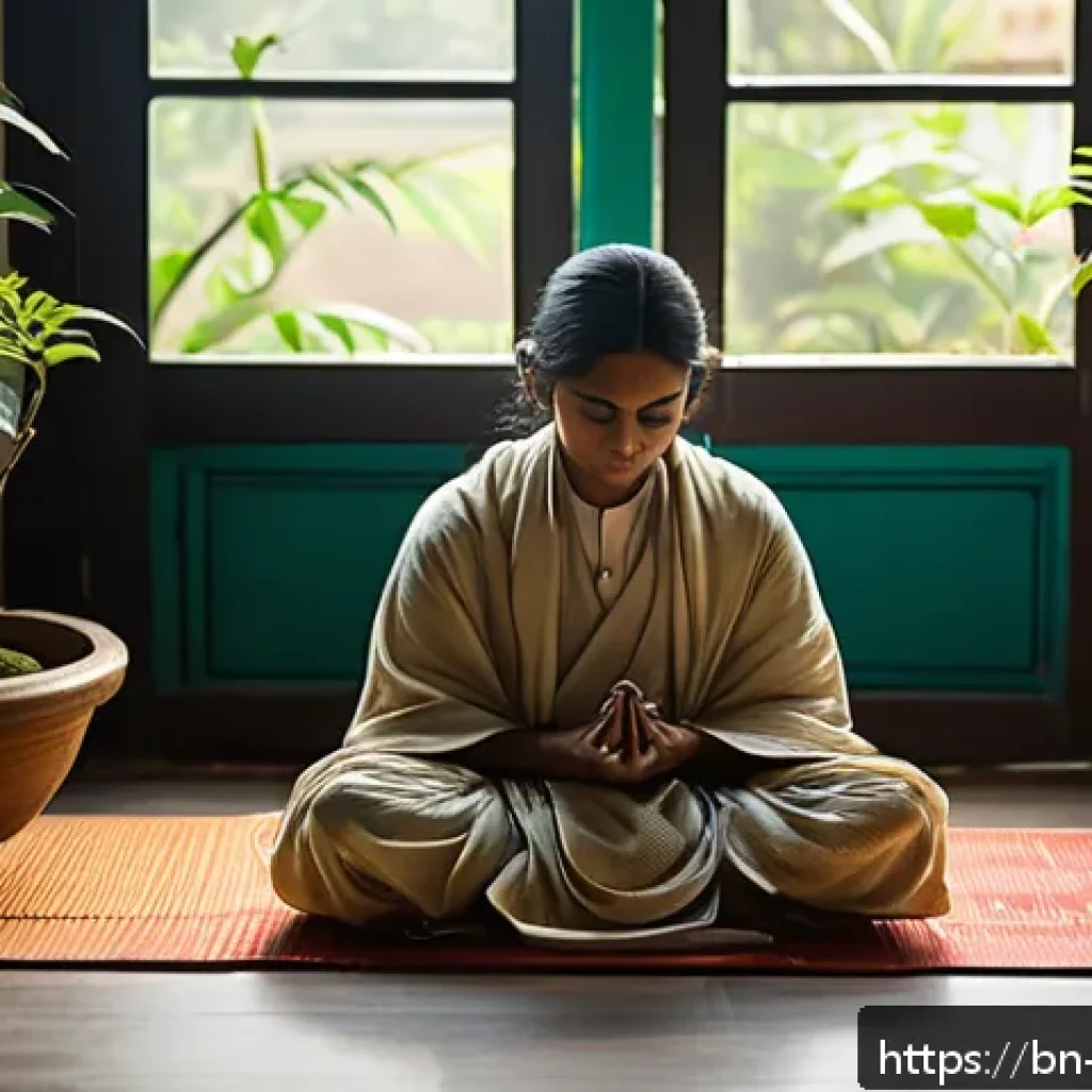 의식적 선택 훈련과 갈등 해결 전략 - A serene morning scene featuring a Bengali person sitting cross-legged on a traditional woven mat in...