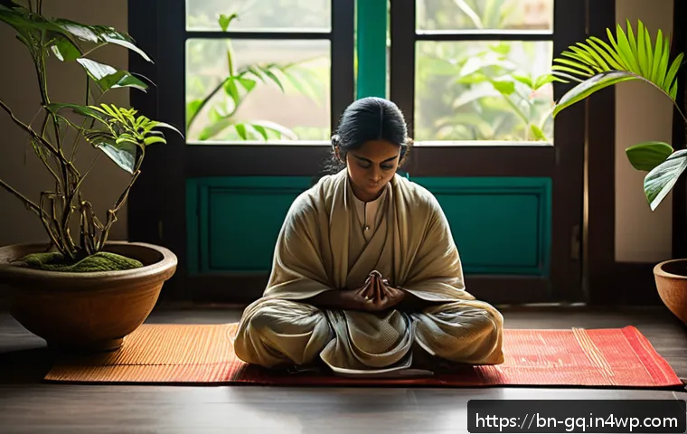 의식적 선택 훈련과 갈등 해결 전략 - A serene morning scene featuring a Bengali person sitting cross-legged on a traditional woven mat in...