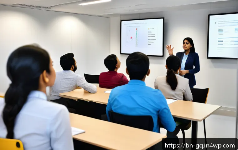 의식적 선택 훈련 과정에서의 피드백 활용 - A professional training session in a modern office setting with a diverse group of Bengali-speaking ...