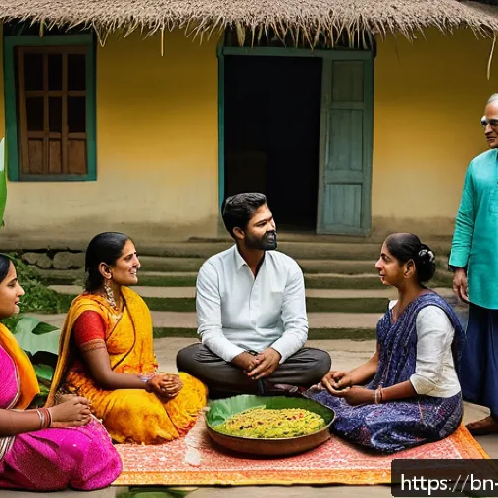 의식적 선택 훈련의 전통적 방법과 현대적 방법 비교 - A vibrant traditional Bengali family gathering in a rural courtyard during a festival, featuring men...