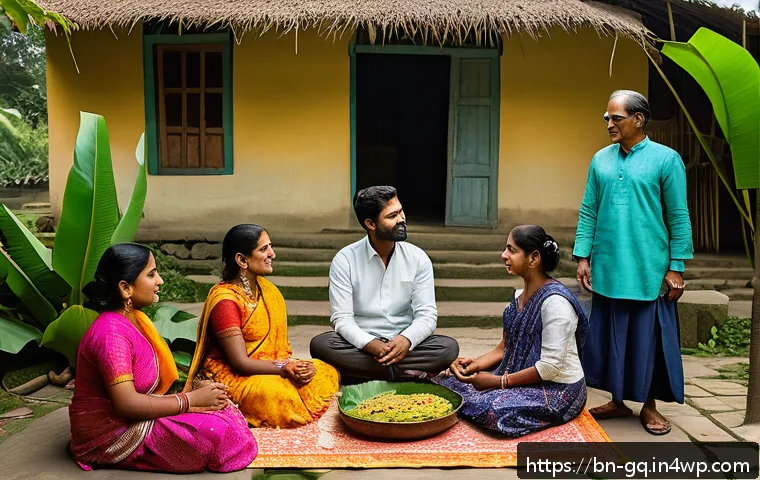 의식적 선택 훈련의 전통적 방법과 현대적 방법 비교 - A vibrant traditional Bengali family gathering in a rural courtyard during a festival, featuring men...