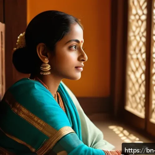 의식적 선택 훈련의 심리적 효과 - A thoughtful Bengali woman sitting peacefully in a sunlit room, surrounded by traditional Bengali de...