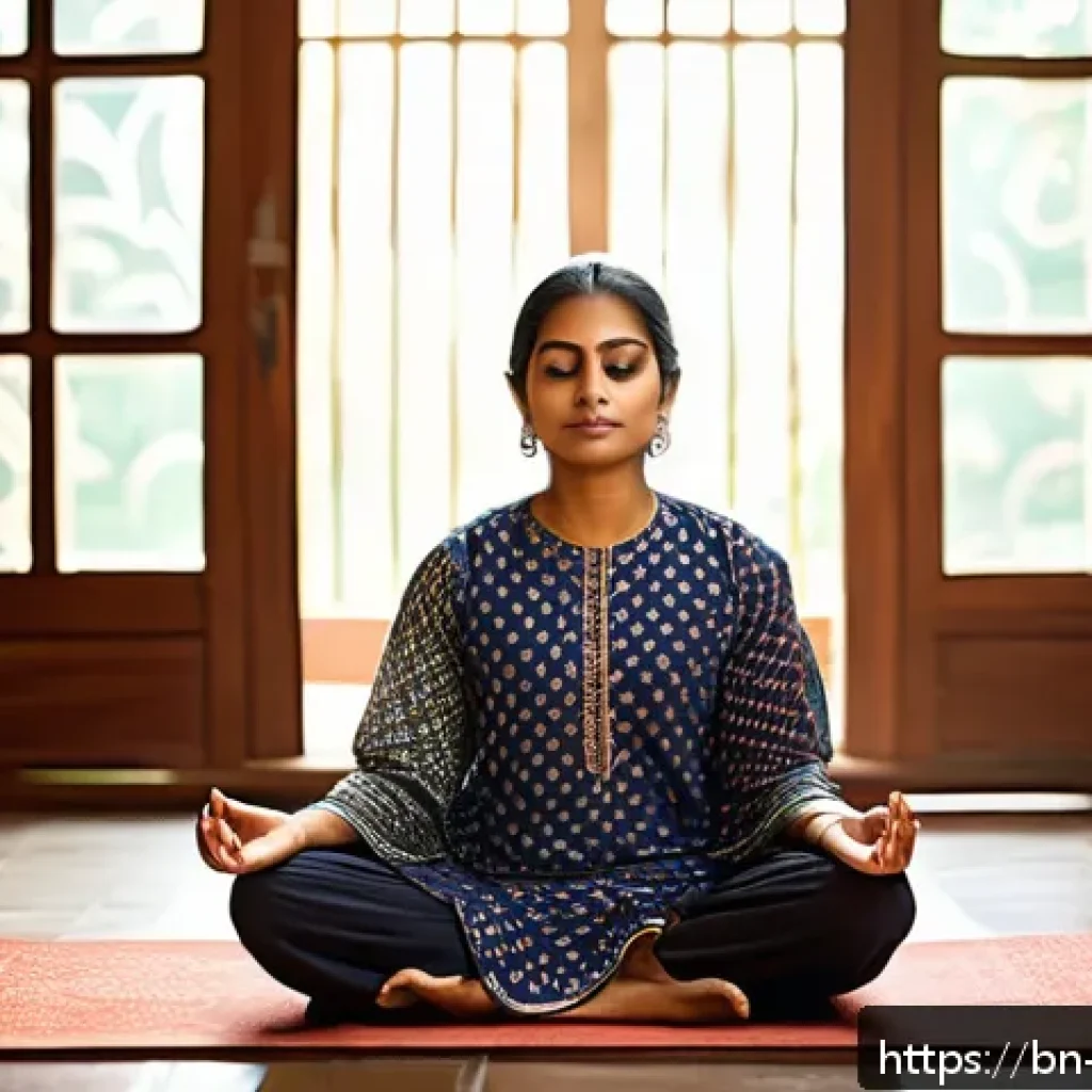 의식적 선택 훈련의 기본 원칙 - A serene Bengali woman practicing mindful meditation in a peaceful indoor setting, surrounded by tra...