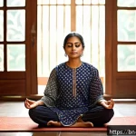 의식적 선택 훈련의 기본 원칙 - A serene Bengali woman practicing mindful meditation in a peaceful indoor setting, surrounded by tra...
