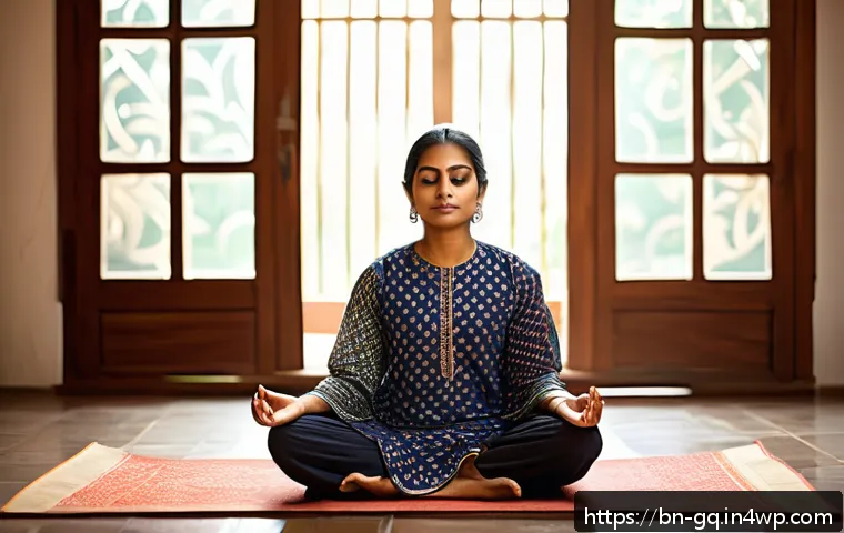 의식적 선택 훈련의 기본 원칙 - A serene Bengali woman practicing mindful meditation in a peaceful indoor setting, surrounded by tra...